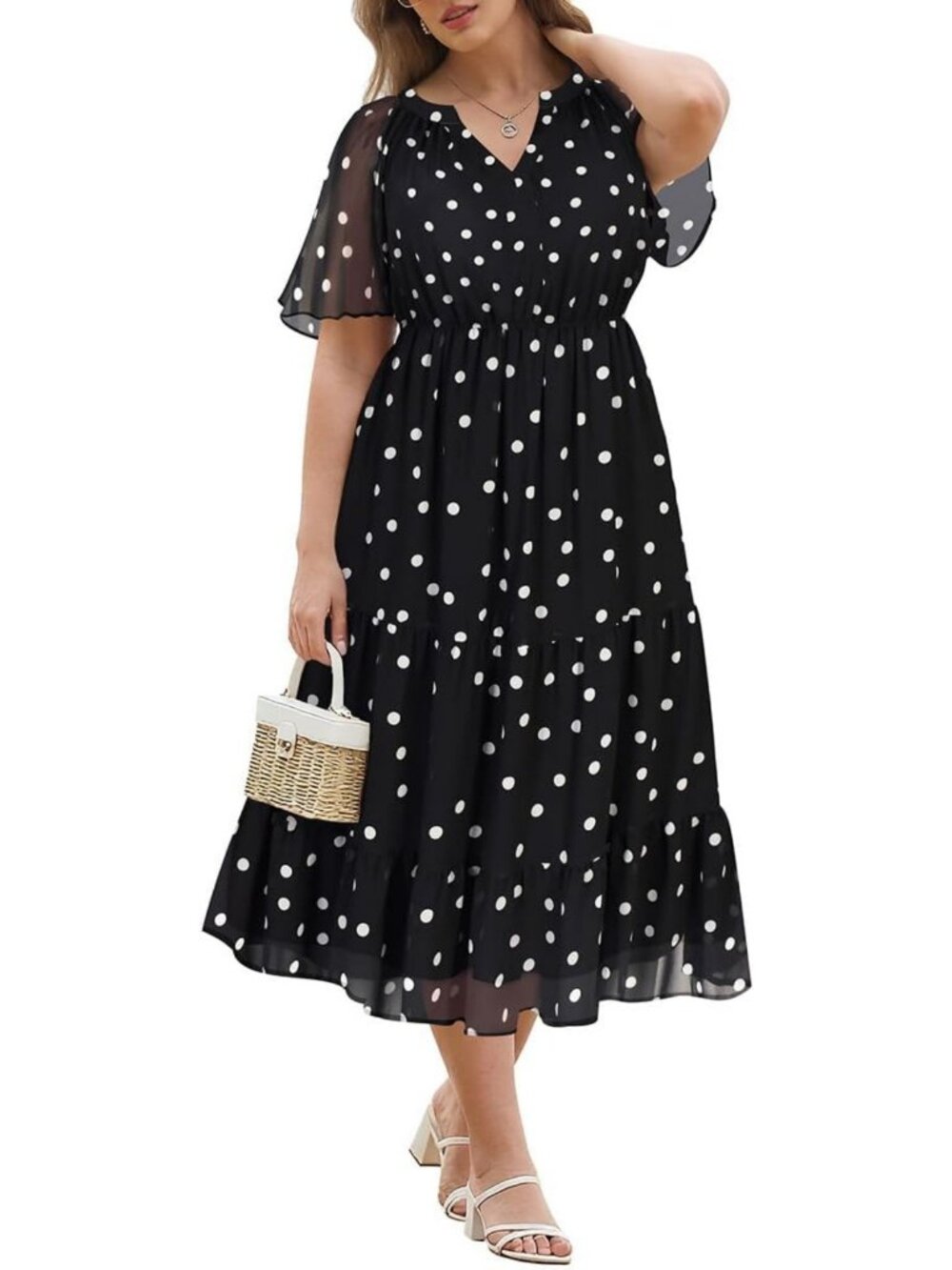 Plus Size Flowy Midi Dress - Short Sleeve V-Neck, Boho Floral for Beach